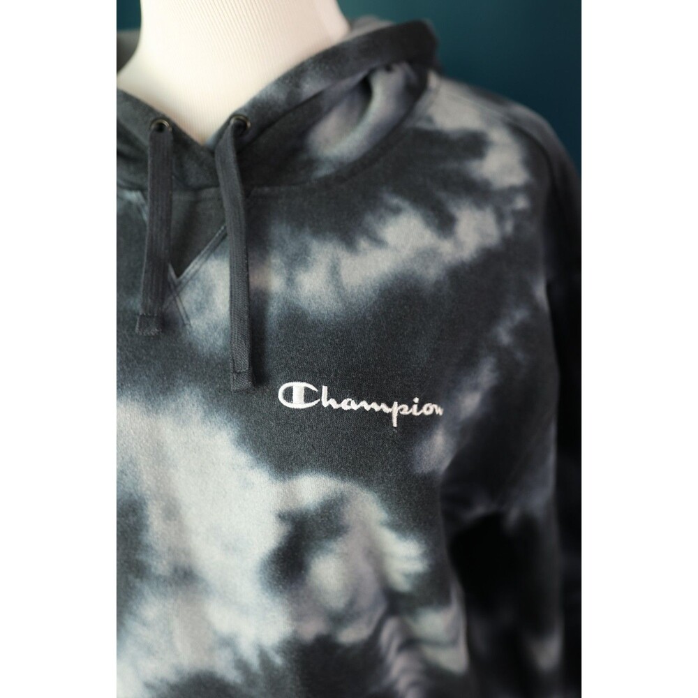 Champion Women's Black/Grey Tie Dye Pullover Hoodie Spellout Soft Large - Picture 2 of 9